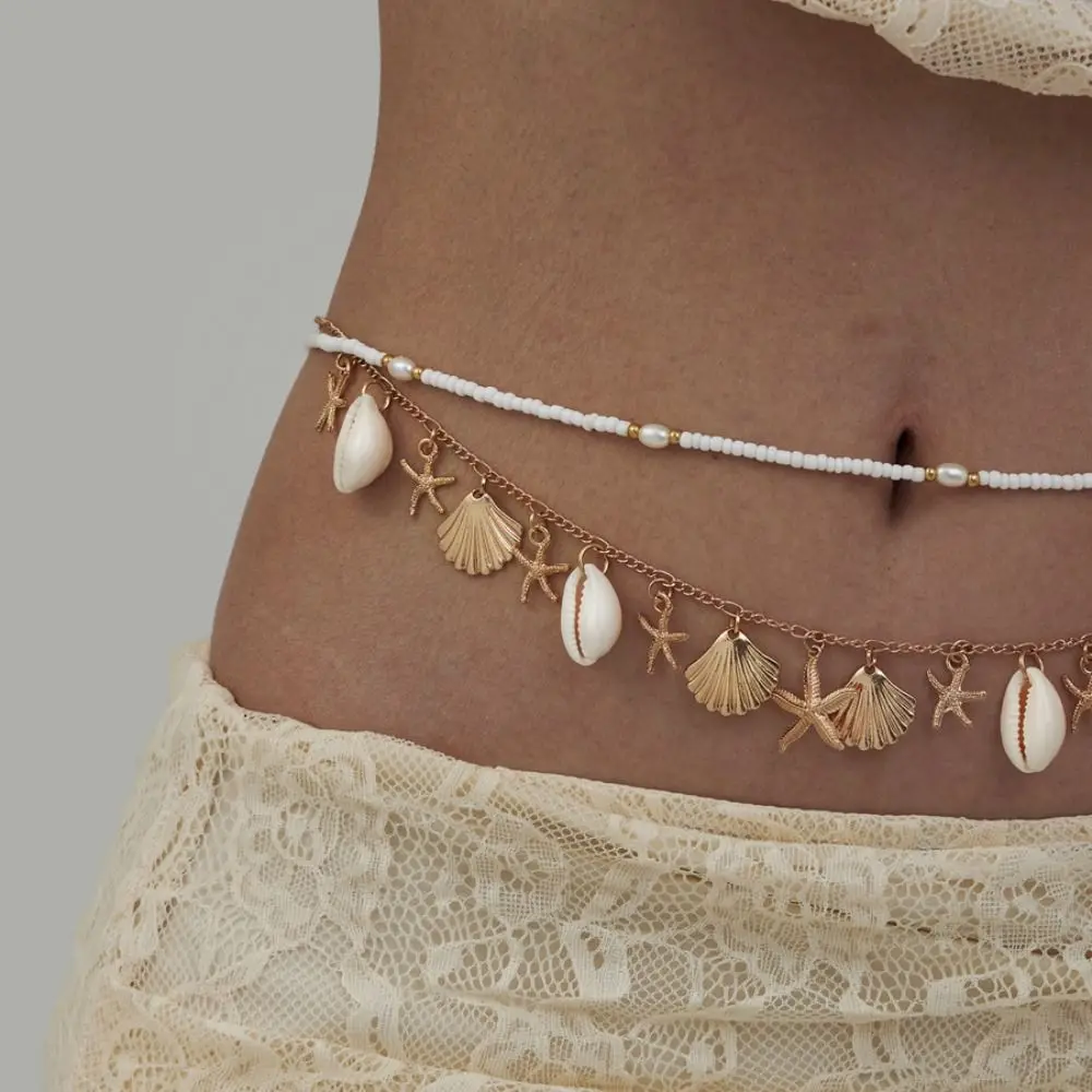 New Bohemia Style Starfish Waistband Ocean Belly Chain Beach Shell Waist Chain Imitation Pearl Conch Pendant Body Chain