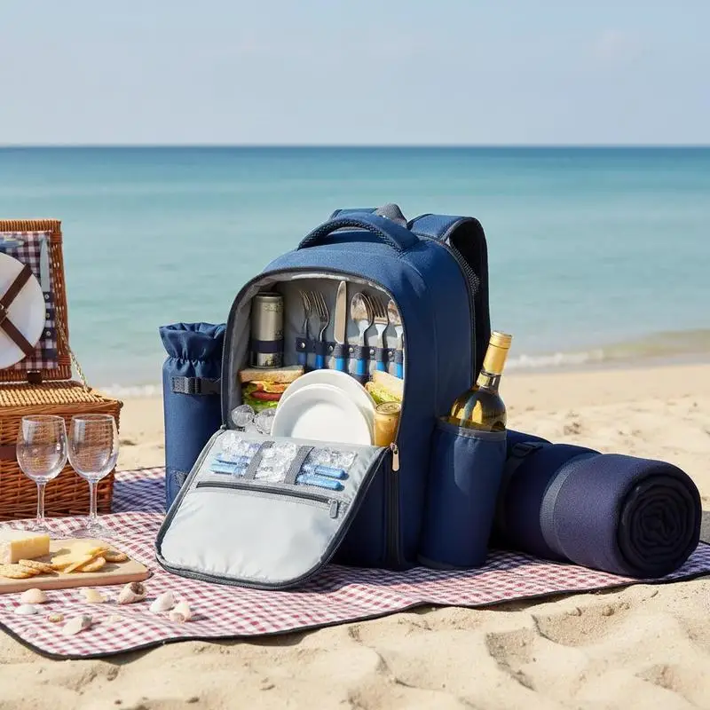 

Free Shipping-Outdoor Dining Rucksack 12"x7"x16" For Hiking Camping Beach, Insulated Cooler Compartment Detachable Wine Holder, Plates Cutl