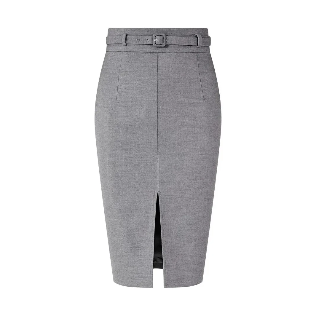 

2026 New Spring Autumn Women's High Waist Slim Fit Front Slit Blazer Skirt Gray Mid Length Skirt With Belt Elegant Office Skirt