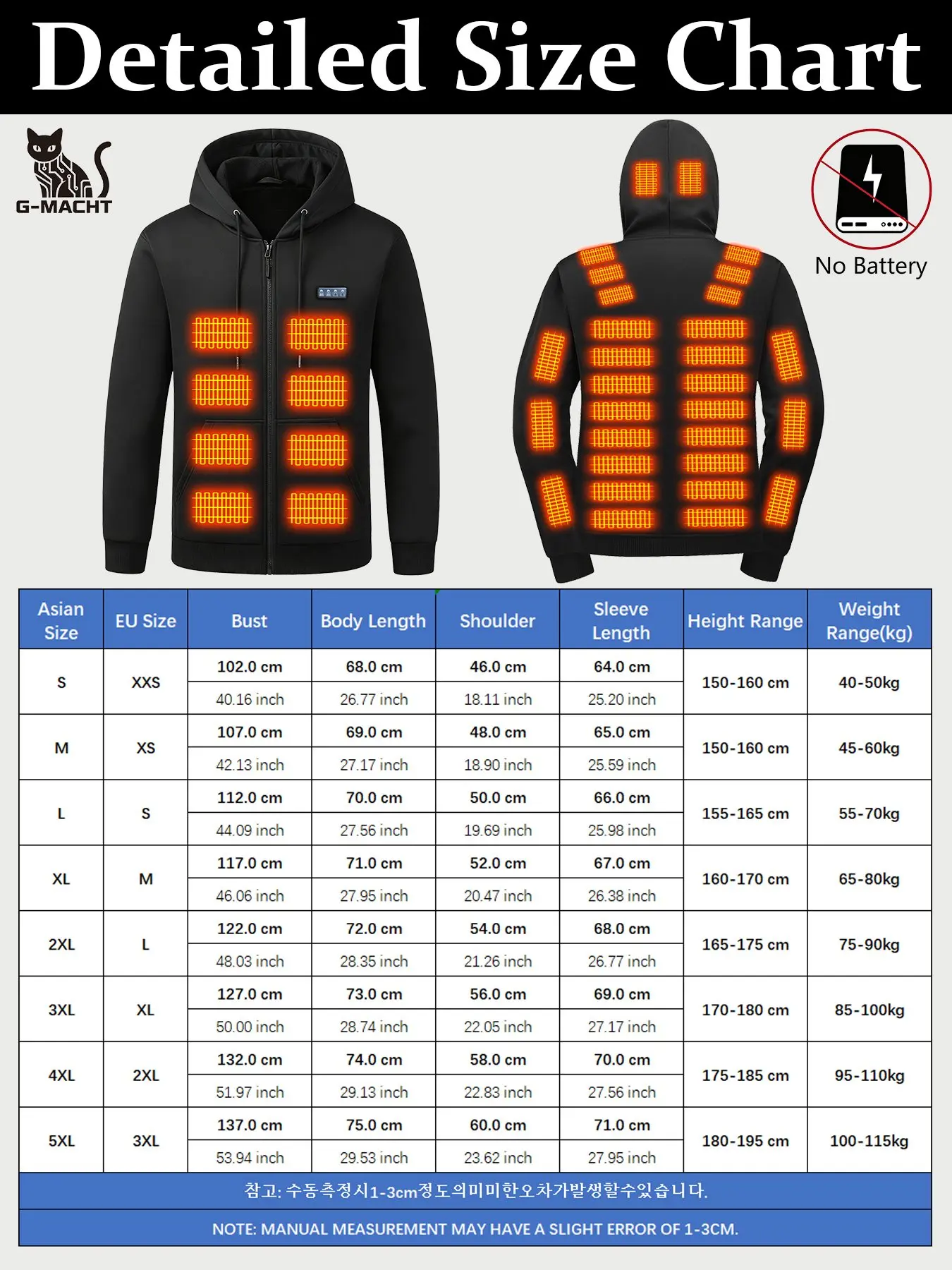 Chaqueta con capucha y calefacción USB, unisex, con 3 niveles de temperatura y control de 4 posiciones, 38 zonas de calefacción, abrigo de invierno de manga larga, no incluye batería.