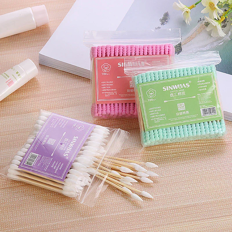

100pcs/ Pack Double Head Cotton Swab Women Makeup Cotton Buds Tip For Medical Wood Sticks Nose Ears Cleaning Health Care Tools