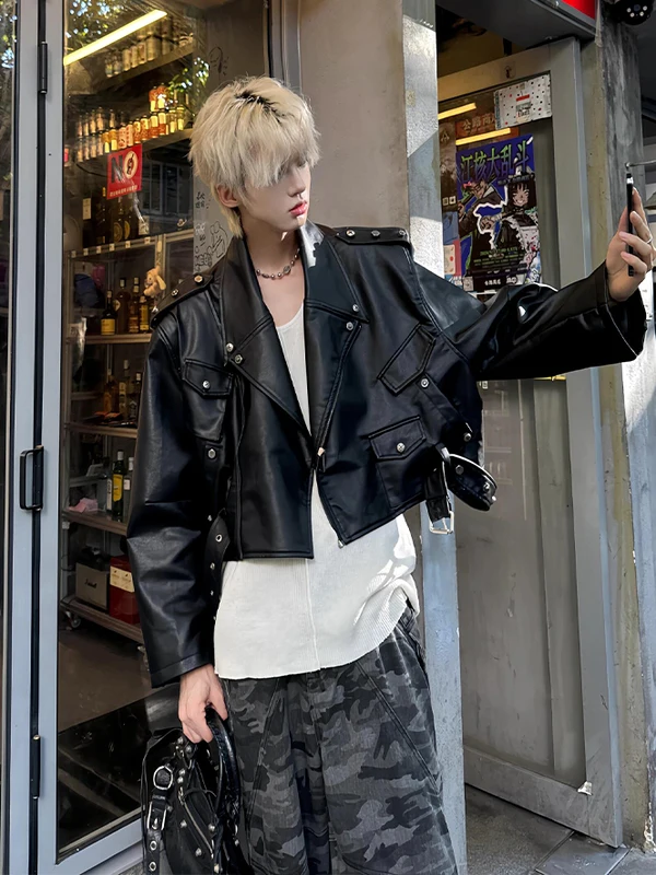 

Bla ort Motorcycle Jaet Men's Loose Fit Rivet Workwear Sle Cleanfit American High Street Biker Clothes Polyester Fiber