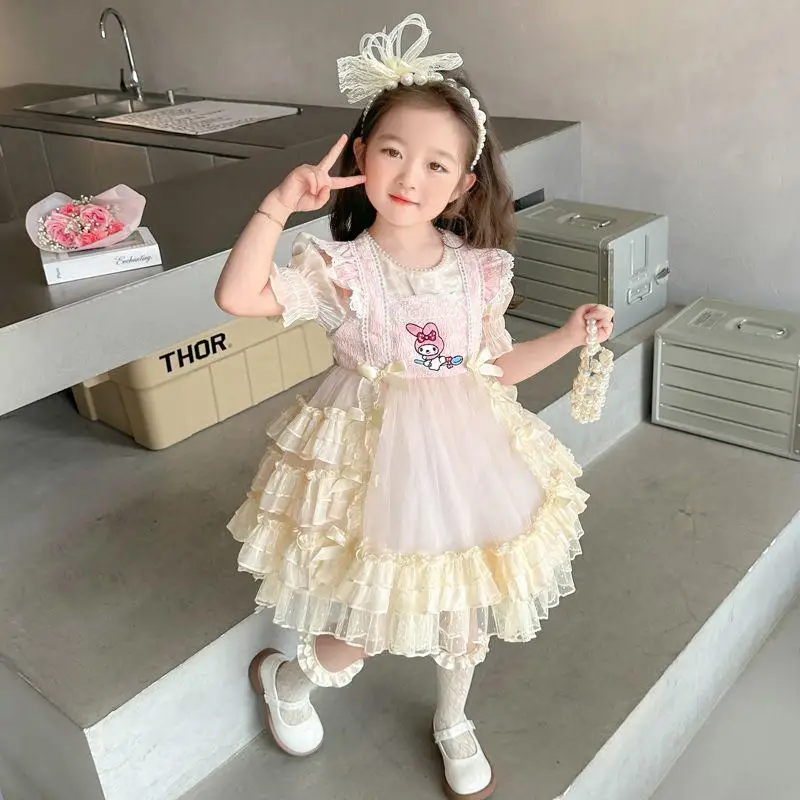 Short Sleeves Dress Sanrio My Melody Girl Spring Autumn Princess Style Fashion Cartoon Kawaii Bow Leisure Dress Children's Gift