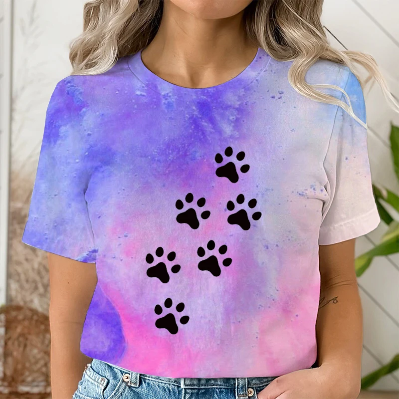 Hot Dog Paw Print T-Shirts For Women Summer Short Sleeve Tee Shirt Round Neck Tie Dye T Shirt Casual Loose Soft Ladies Tee Shirt