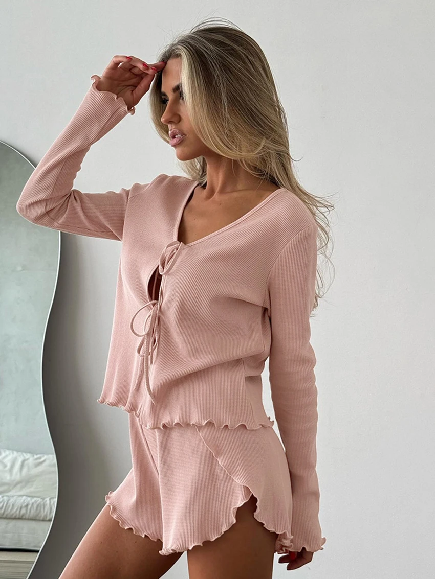 Mathaqiqi Casual Ladies Nightgown Set Sexy V-Neck Sleepwear Long Sleeve Pajama Lace Up Nightwear Shorts Loose Femme Nightie Suit