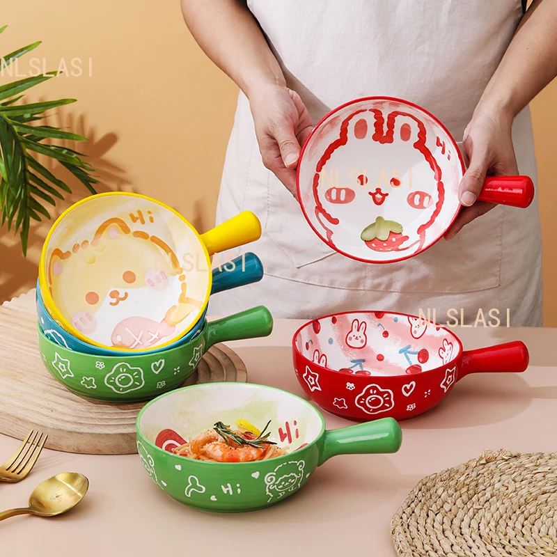 1pcs Oven Specific Ceramic Baking Bowl Household Fruit Salad Bowl with Handle Cartoon Single Handle Noodle Tableware Plate