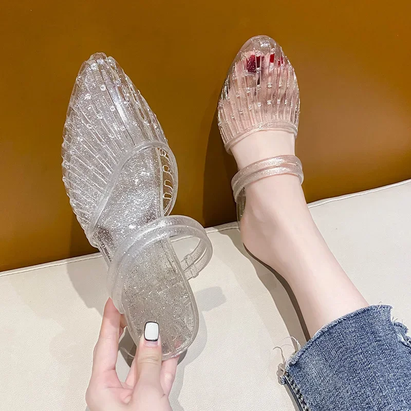 Sexy pointed toe mules sandals women's summer sexy slides shoes woman double strap clear sandals ladies transparent jelly shoes