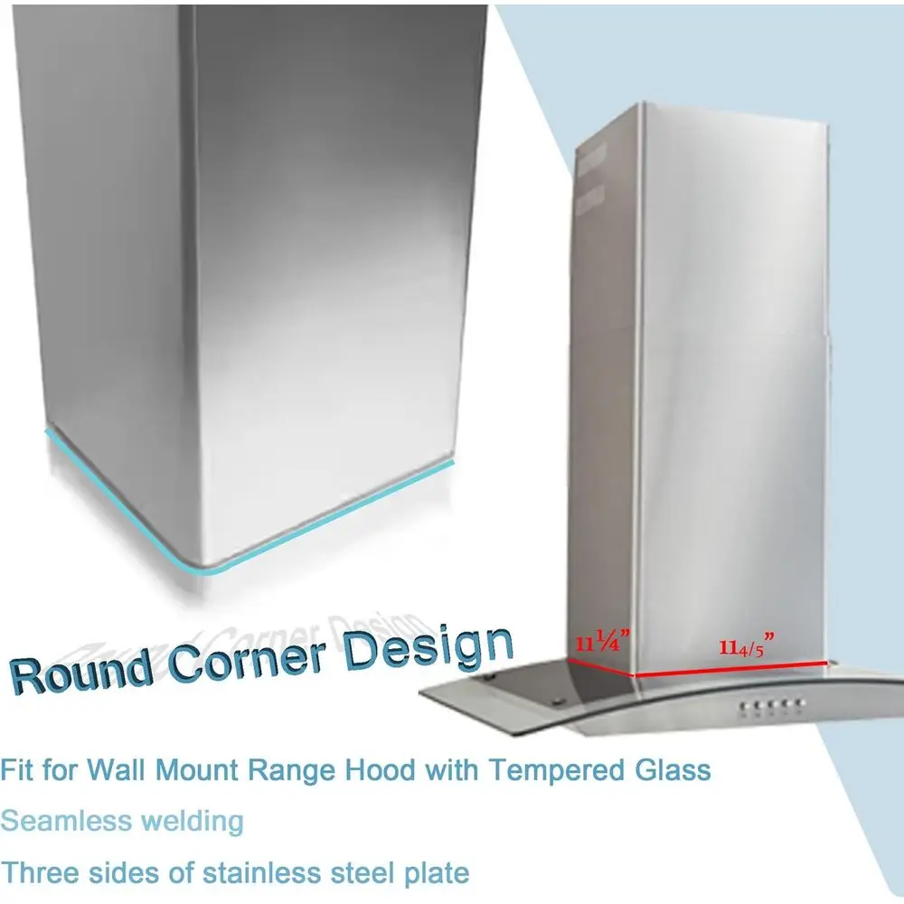 Okap kuchenny montowany na ścianie, ze stali nierdzewnej, z kominem i osłoną na rurę odprowadzającą powietrze, do sufitu o wysokości do 2,7 m.