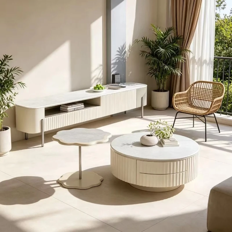 Luxury French-style cream-colored TV cabinet and round coffee table set, grooved marble-style desktop and living room furniture
