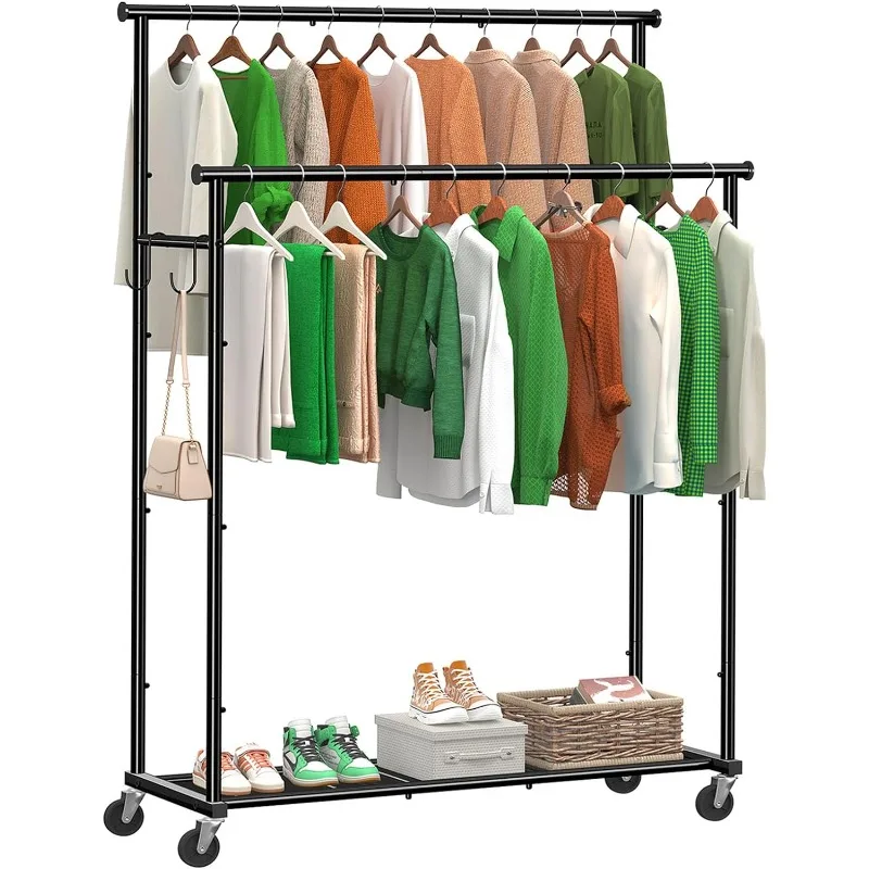 Double Rod Clothing Garment Rack on Wheels, 45 Inches Clothes Rack with Mesh Bottom Shelf for Hanging Clothes, Heavy Duty Metal