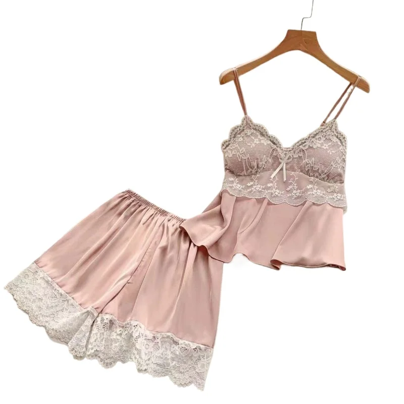 

Pajamas Women's Summer Ice Silk Thin Sexy Lace Suspender Shorts Set Underwear Premium Sense with Chest Pad Outside Loungewear