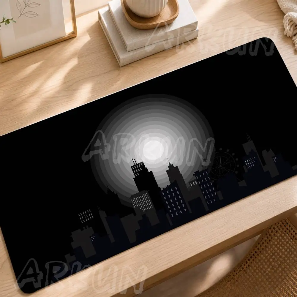 Black White City Skyline Mouse Pad, Full Moon Urban Building Silhouette Desk Mat, Minimalist Night City Pattern Gaming Mousepad