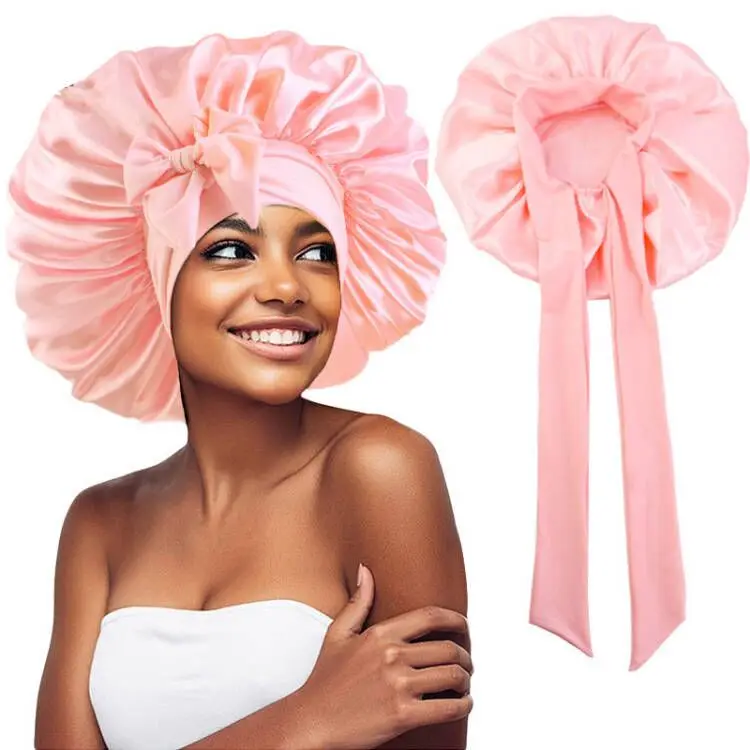 Extra Large Satin Bonnet Silky Night Sleeping Cap with Head Tie Band Lace Up Nightcap Curly Braid Hair Care Headscarf Head Wrap