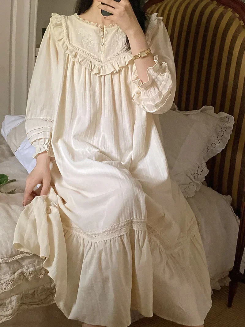 Women Victorian Sleepwear Pure Cotton Vintage Nightgowns Robe Ruffles Nightie Long Night Dress Romantic Princess Nightdress