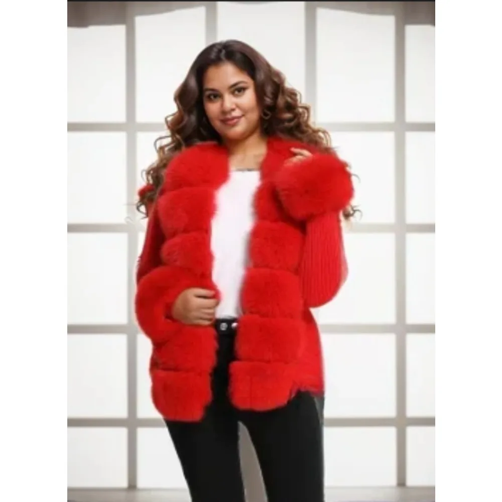 Autumn-winter Women\'s Fur Coat Luxury Patchwork Knitted Sweater Bandage Fur Cardigan Detachable Collar Jacket Fur Coat