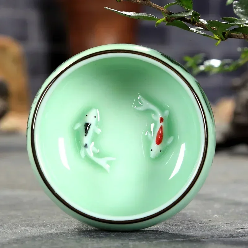 Tea Cup Ceramic  1PC Celadon Hand-painted Landscape Lotus Carp Tea Bowl Chinese Style Host Mountains and Waters