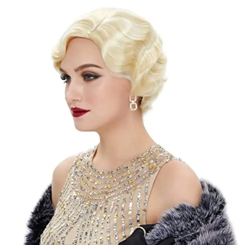 Gatsby วิกผมผู้หญิง1920S Flapper ผมเป็นลอนพร้อมแถบคาดศีรษะนิ้วมือหยัก Vintage Blonde วิกผมฮาโลวีน Party ชุดคอสเพลย์ผู้หญิง