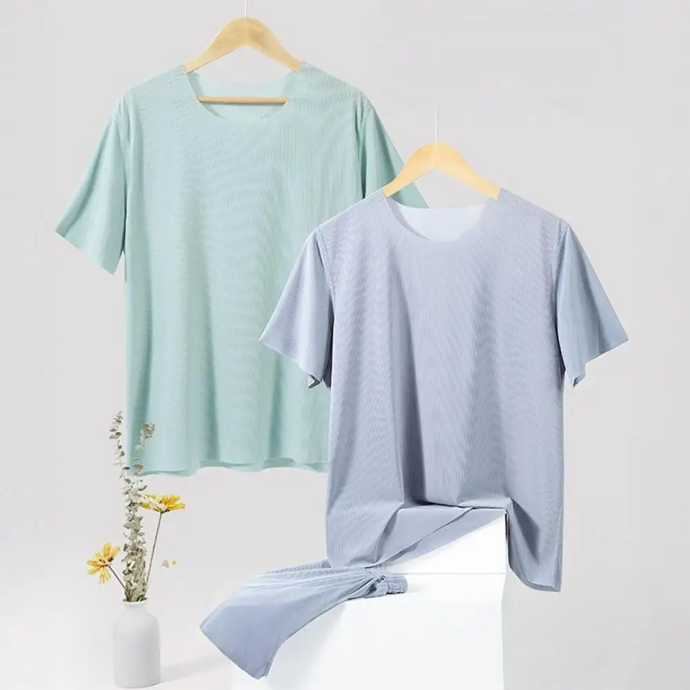 

Мужской пижамный комплект из 2 предметов: дышащая домашняя одежда из ледяного шелка, топ с коротким рукавом и круглым вырезом, шорты с эластичным поясом