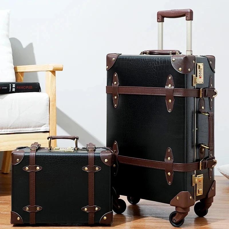 Classic Retro 20/24/26Inch PP+PC Large Capacity Handmade Leather Suitcase Travel Set With Makeup