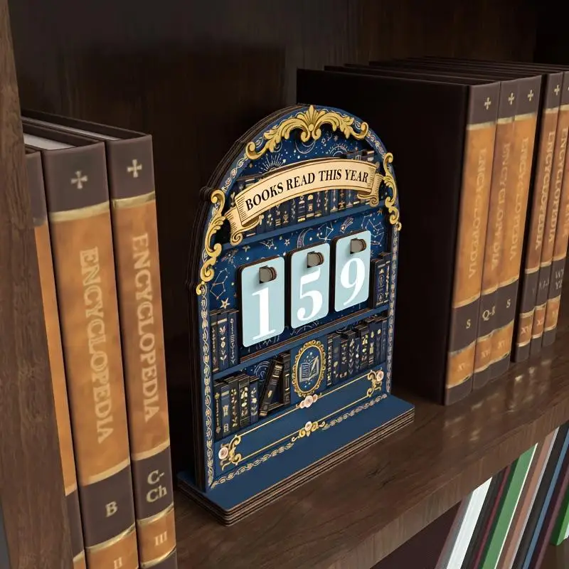 Hot Sale 1 Set Classroom Decor Wooden Book Read This Year Counter Tracker Up To 999 Books Challenge Tracker Retro Bookshelf Gift view 4