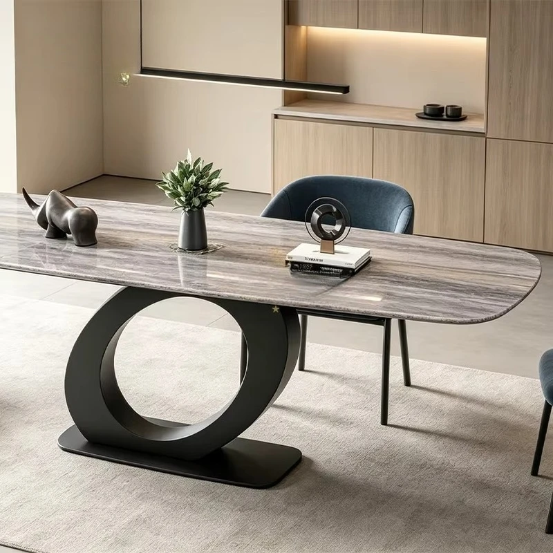 Gray Wood Grain Marble Oval Dining Table Black Matte C Ring Metal Pedestal Base Home Dining Furniture 6 Seater Custom OEM