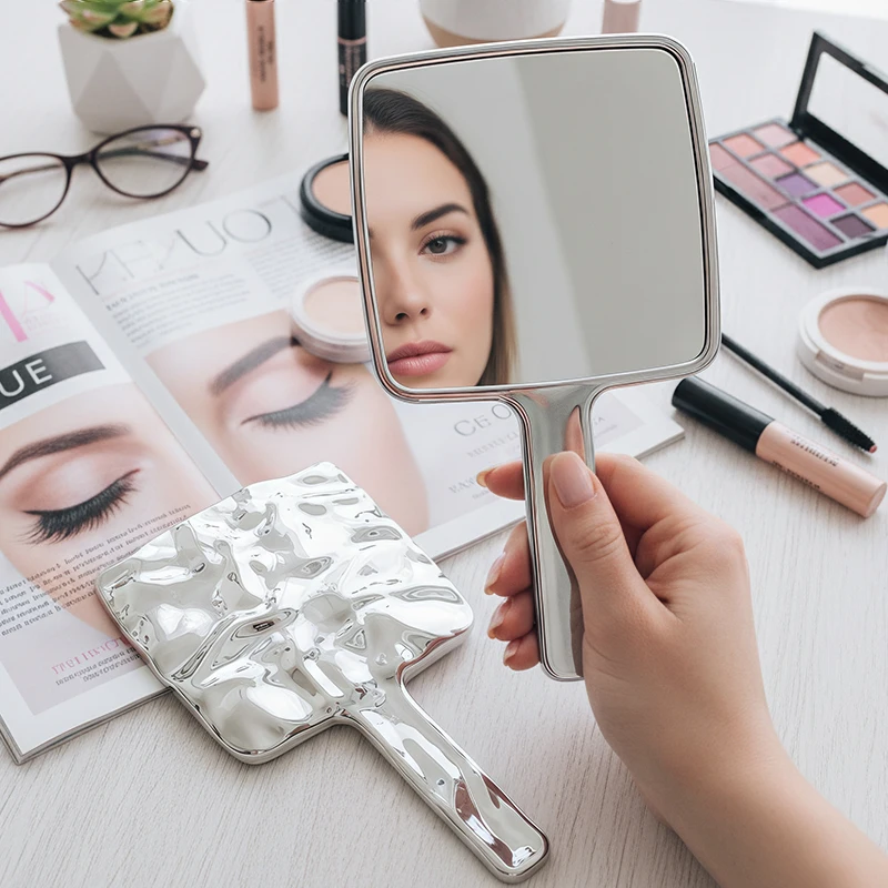 Vintage Vanity Mirror with Handle, Silver Travel Makeup Hand Mirror for Women, Hand Held Aesthetic Water Ripple Frame Decorative