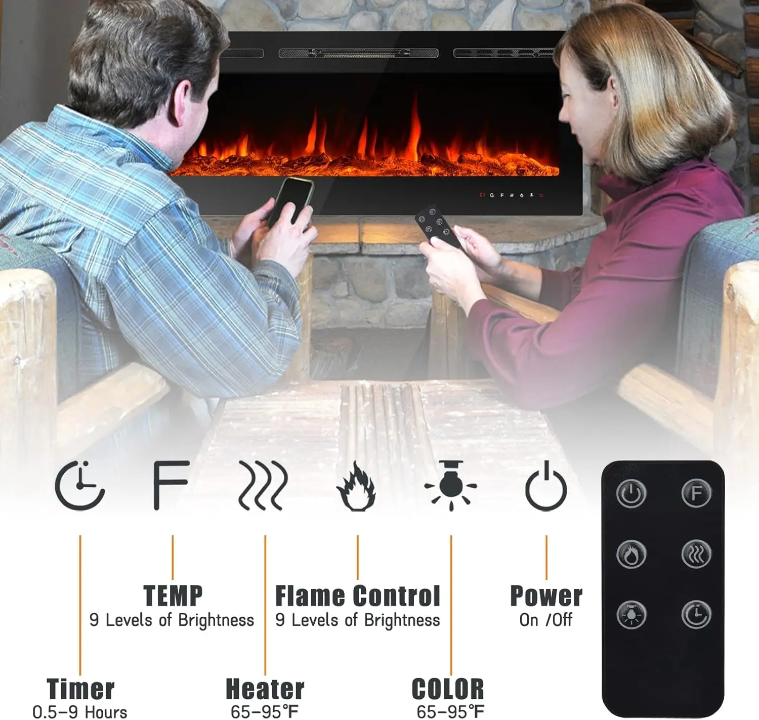 Wall Mounted Fireplace Insert 70 Inch Wide Heater LED Fire Place Remote Control & Touch Screen