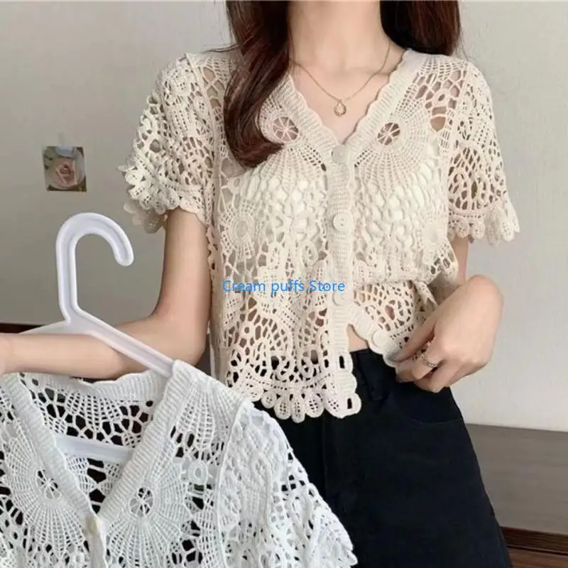 50LE Women Summer French Short Sleeve Lace Shrug Hollow Out Crochet Knit Bolero Cardigan V-Neck Button Down Sheer Crop Top