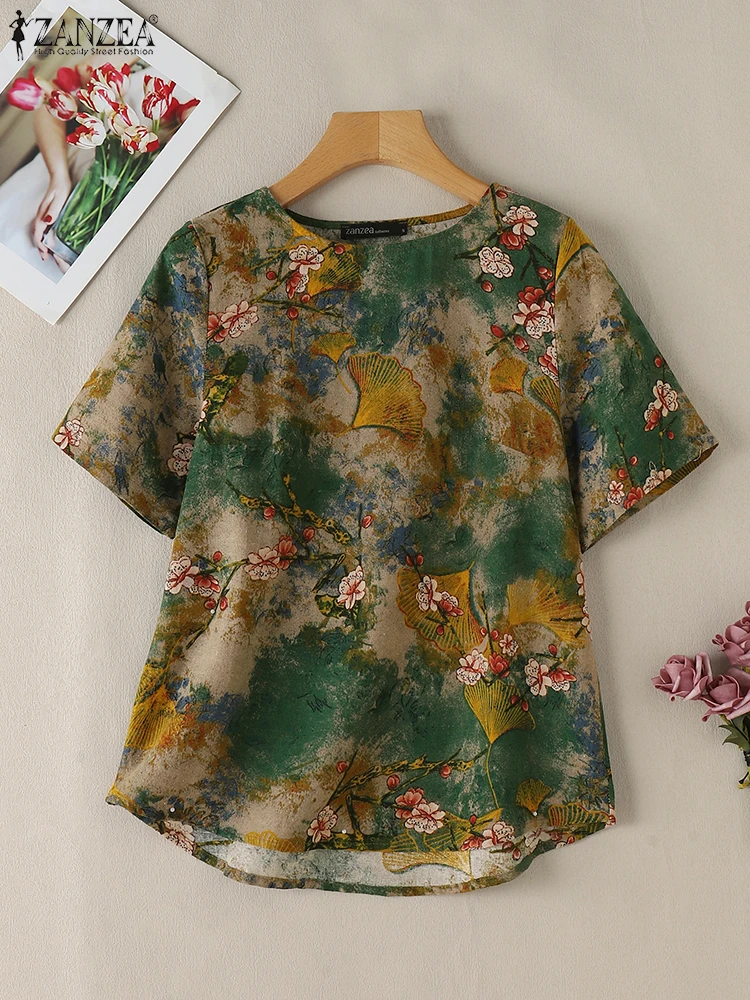 ZANZEA Casual Loose Women Shirts O Neck Half Sleeve Cotton Floral Print Blusas Mujer Vintage Summer 2024 Leisure Holiday Blouses