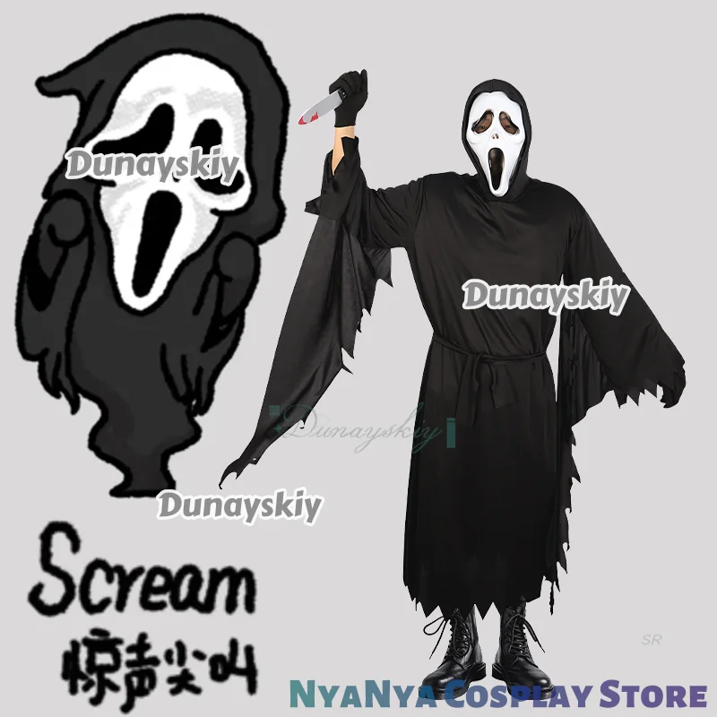 Vestido elegante para niños, máscara de calavera, bata larga negra, Cosplay de Scream GhostFace, fiesta de Halloween, película de terror, Carnaval, chico adulto