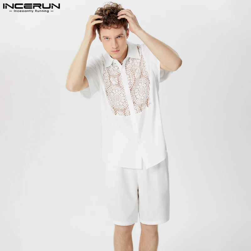 INCERUN Men Sets Lace Patchwork Transparent Lapel Short Sleeve Shirt & Shorts Two Pieces Sets Streetwear Summer 2024 Men\'s Suits