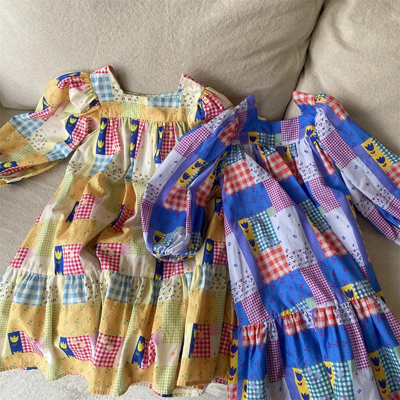 New Arrived Spring Children Clothes Cotton Print Square Collar Girls Dress Long Sleeve Korean Loose Straight Dresses image 5
