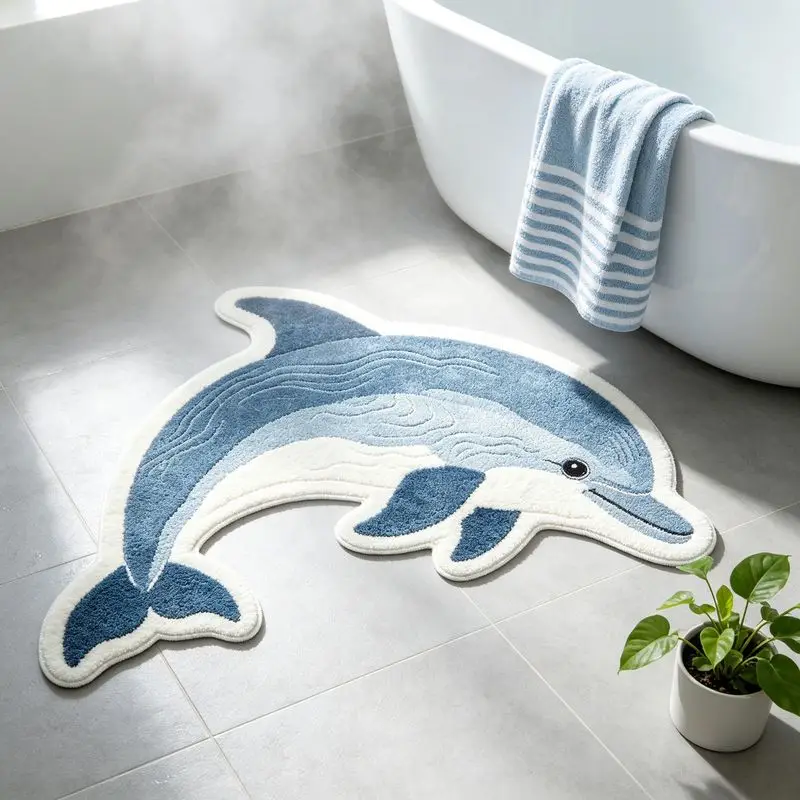 VIKAMA Dolphin Shaped Area Rug Soft Washable Non Slip Cute Sea Animal Ocean Blue Irregular Edge Bathroom Carpet Home Decor