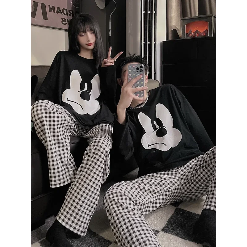 Disney Mickey Mouse couple pajamas autumn cotton long-sleeved trousers crew neck women\'s pajamas men\'s and women\'s loungewear