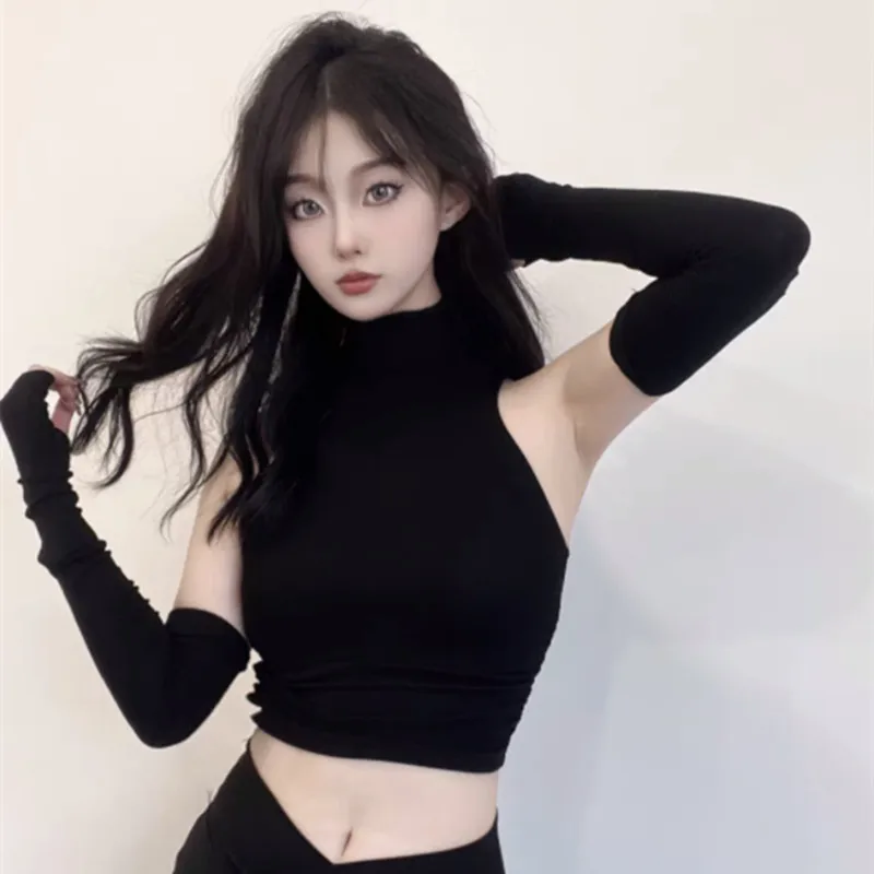 Sweet And Spicy Slim Fit Elastic T-Shirt Long Sleeve Shoulder Bared Sexy High Collar with Sleeve Covers Side Pleat Design Top