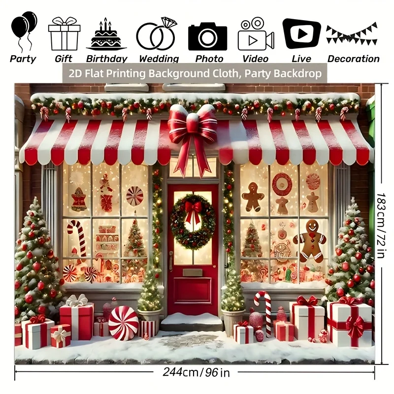 1 piece of 2D flat banner background cloth, Christmas themed red and white decoration shop front window wall covering cloth
