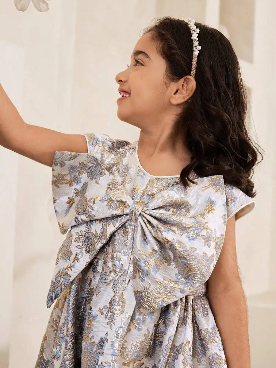 

Elegant Jacquard Bow Evening Dress Dusty Blue Silver Floral Pattern