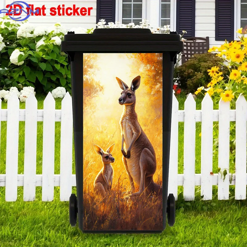 2D Flat 1pc Kangaroo Family Trash Can Sticker, Digital Illustration Self-Adhesive Art Stickers, Wildlife Art Stickers, Nature