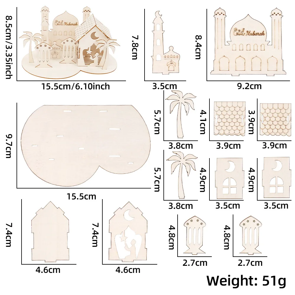 1set DIY Wooden Ramadan Puzzle Toys Eid Mubarak Can Graffiti Castle Puzzle Ramadan Decorations Eid al-Fitr Islamic Ramadan Gift
