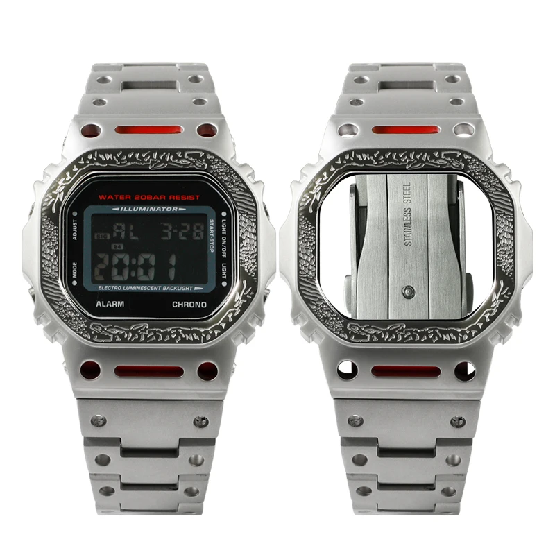 Small Square DW5600GW-M5610 Tiger Carving Mech Stainless Steel Case Strap Modified Watch Accessories