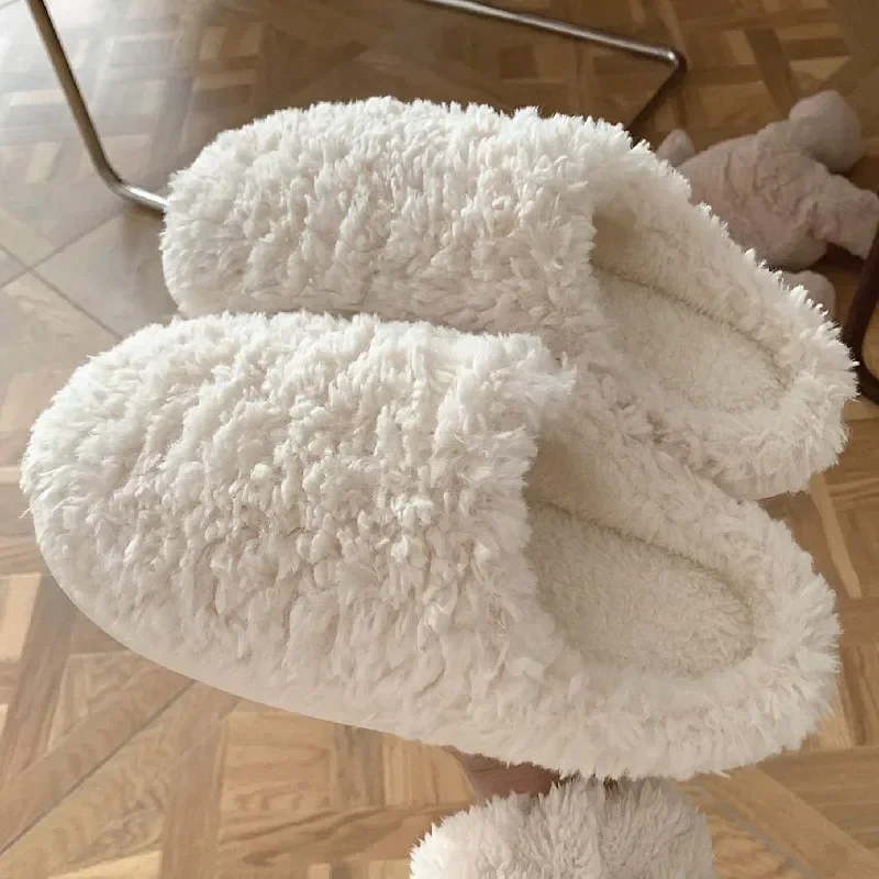 

Japanese Simple Solid Color Home Slippers For Women Cute Fluffy Winter Warm Indoor Bedroom Slides Female Furry Shoes 슬리퍼 スリッパ