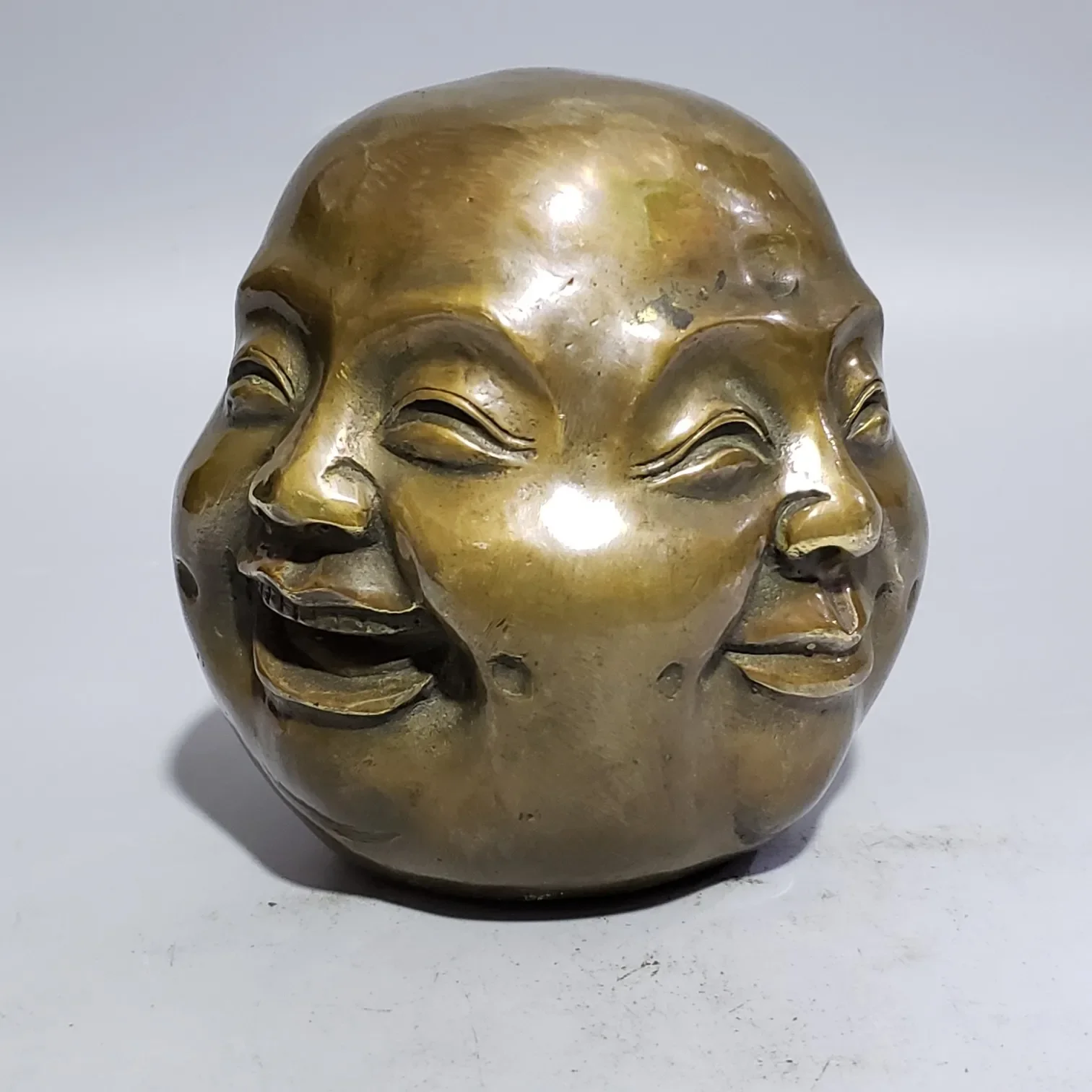 

5"Tibetan Temple Collection Old Brass Cinnabar Four sided Buddha Head Four expression Buddha Amulet Worship Hall Town house