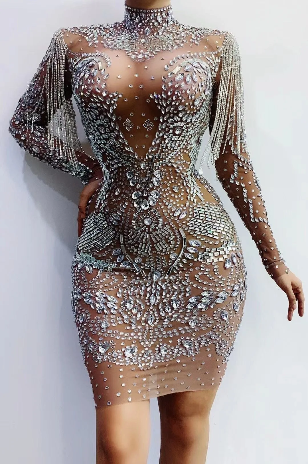 

New Shiny Rhinestone Birthday Celebrate Prom Party Show Wear Transparent Dress Birthday Celebrate Mesh Outfit Bar Dancer Dress