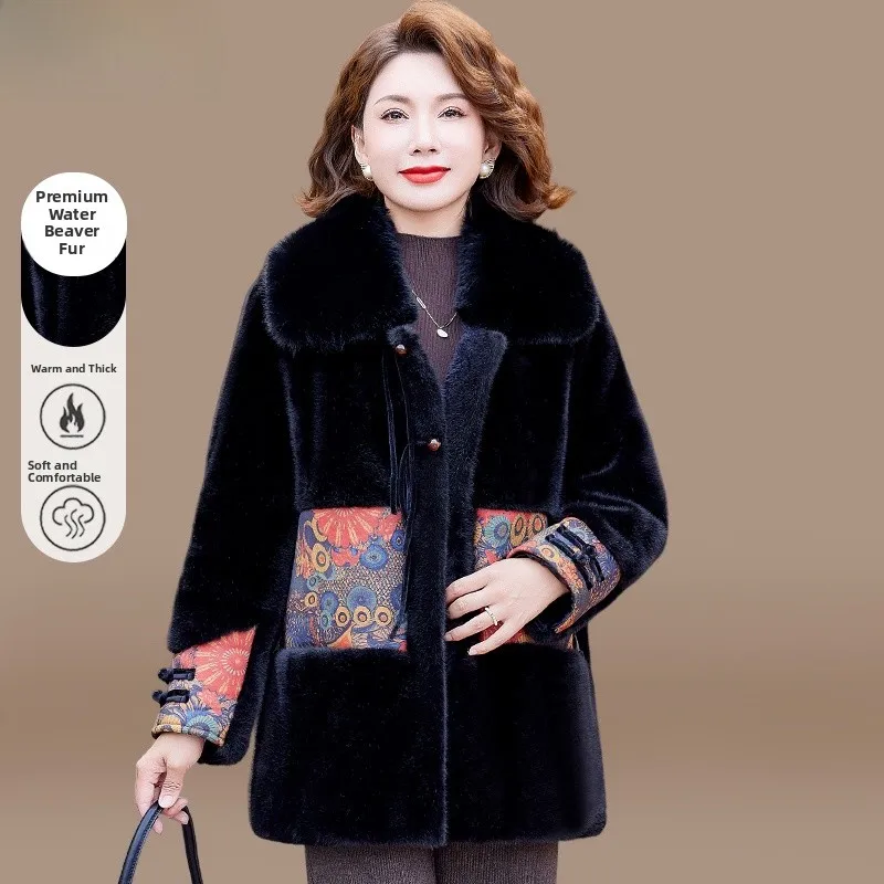 

Thiened Mink Fur Jaet for Middle-Aged And ly Women Faionable Chinese Sle Coat V-Ne Long Sve Winter Outerwear