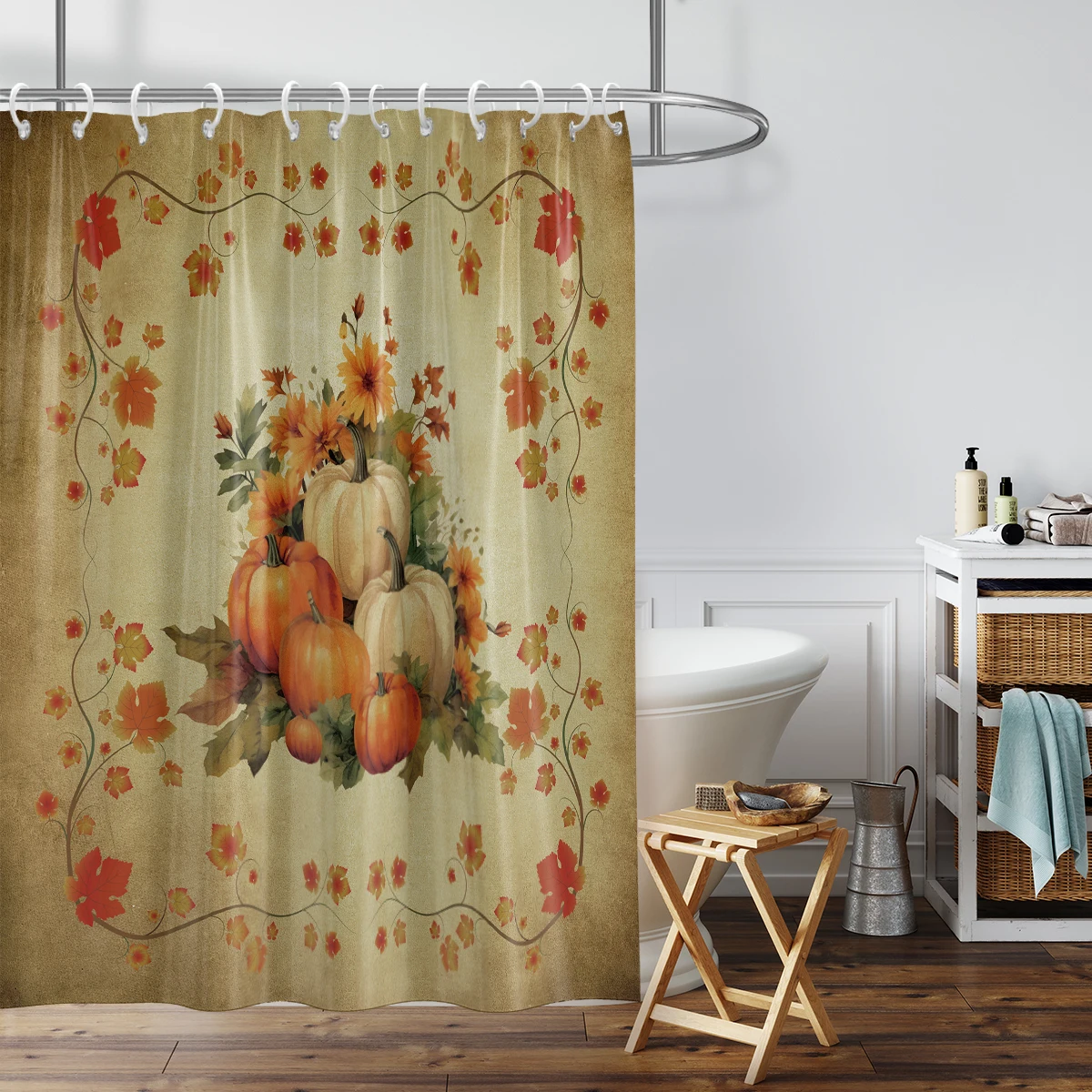 Thanksgiving Pumpkin Print Shower Curtain, Vintage Style Autumn Leaves Pattern Bathroom Decor with 12 Hooks