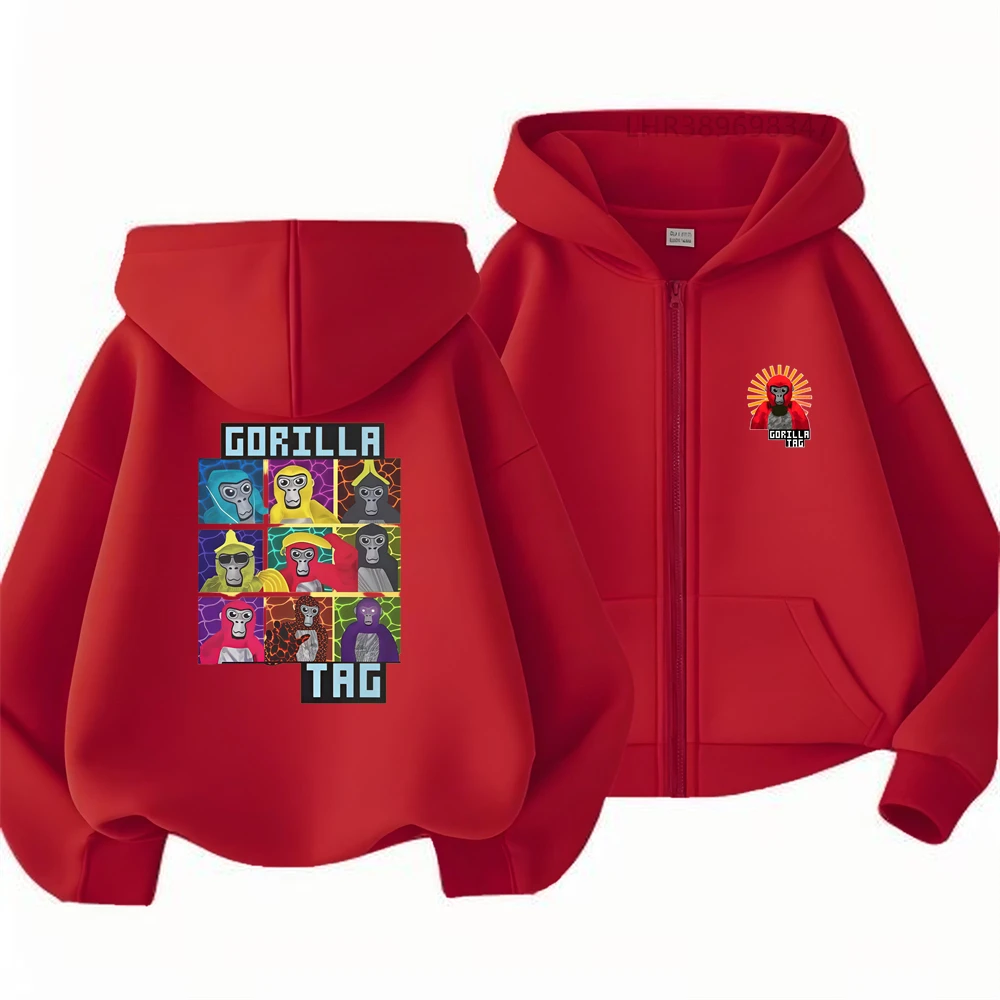 Gorilla Children Hoodie Print Red Girl Tops Zip Up Black Gray Pink Coat Hoodies Kid 3-12 Year Style Outdoor Autumn Clothing
