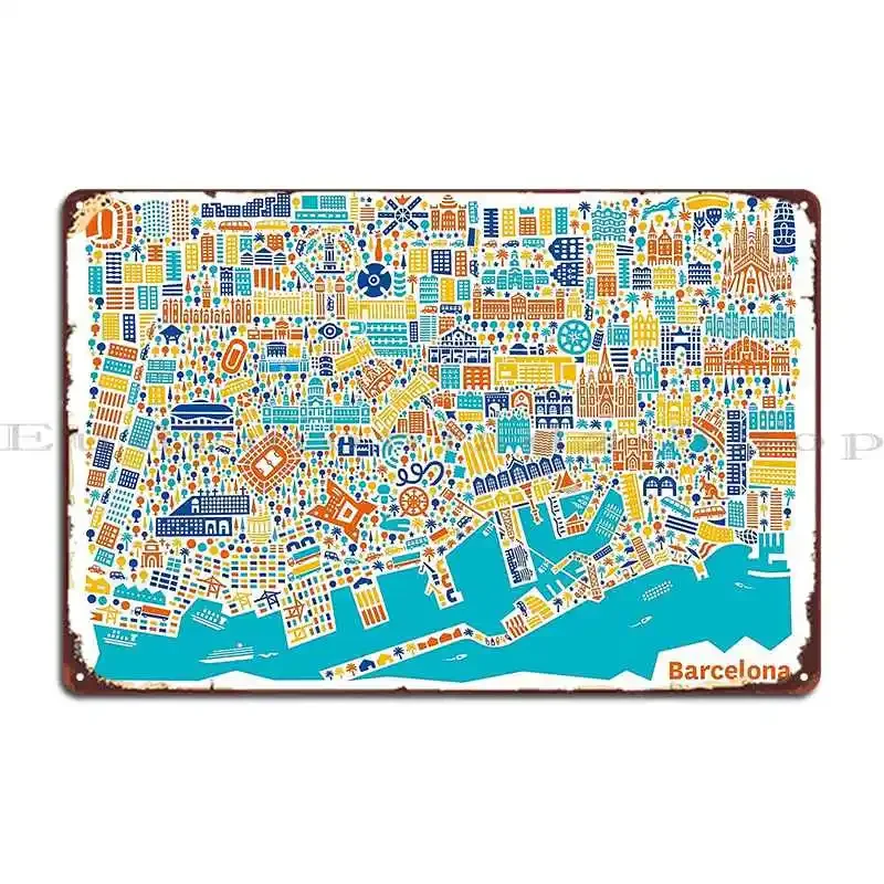 Póster de mapa de la ciudad de Barcelona, cartel metálico de diseño para club, cueva, garaje, cine