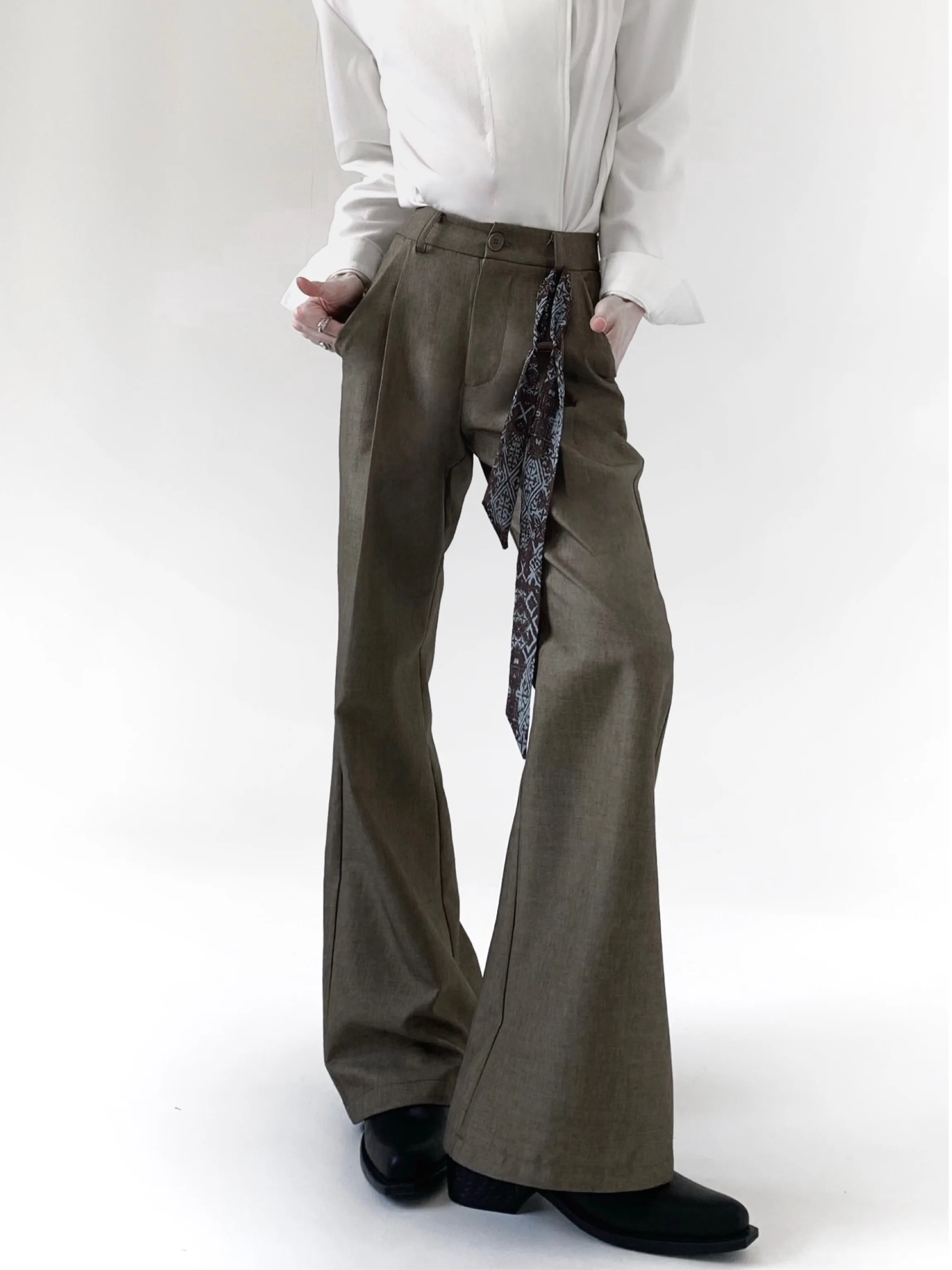 Elegant Olive Green Men's High Waist Pants Vintage Draped Trousers High Rise Flared Legs Casual Wear Hand Ironed Pleats