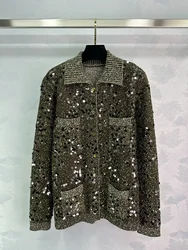 New luxury sequin embroidered knitted cardigan women's spring clothing elegant lapel single breasted long sleeved sweater coat