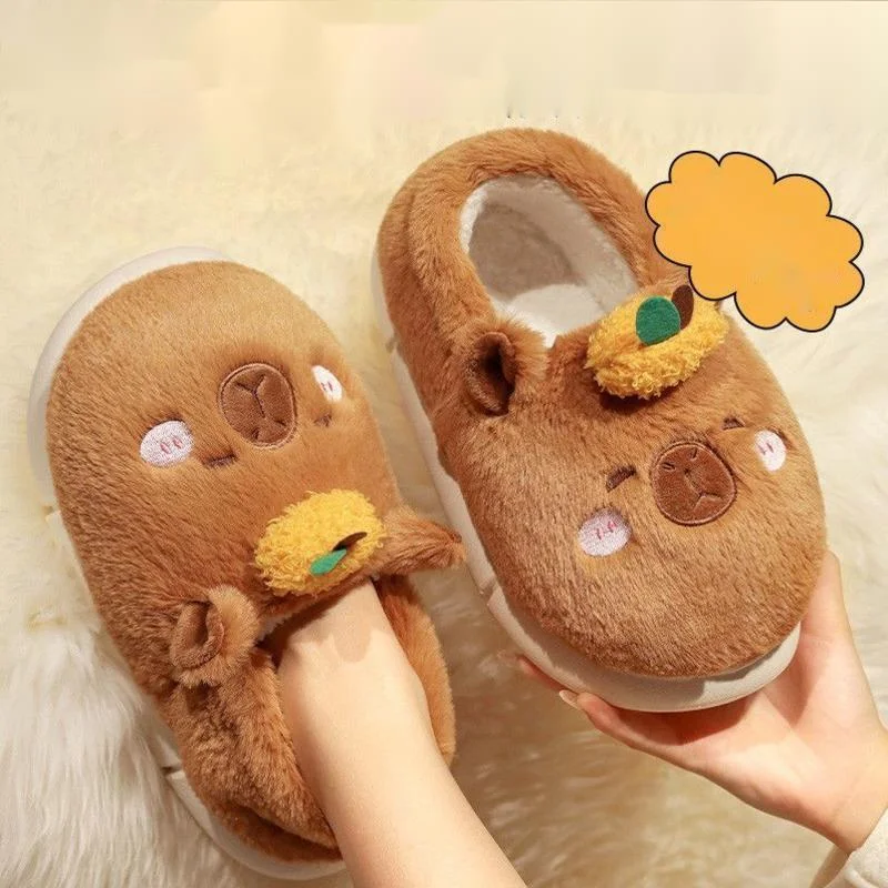 Capybara Slippers Women Winter One Word Cotton Cartoon Anime Cute Student Bedroom Suede Warm Fury Slippers Non Slip Flat Shoes